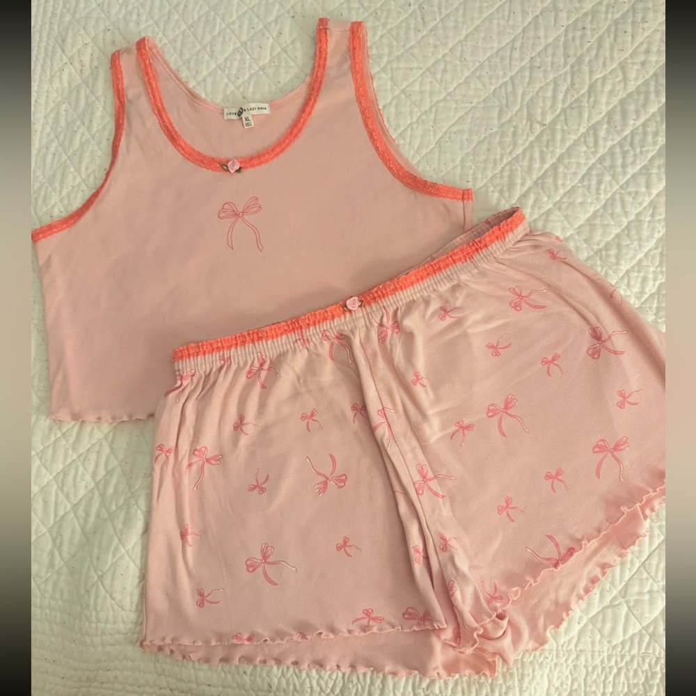 Pink Bow Embroidered Pajama Set NWOT